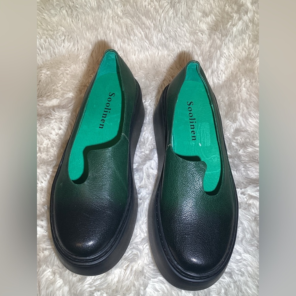 Soolinen Women Splicing Platform Heels Blackish Green Cowhide Leather size 6